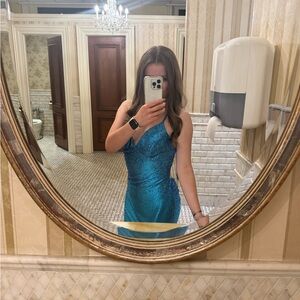 Faviana blue/teal rhinestoned prom / homecoming dress